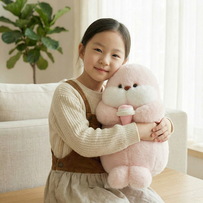 Pink ice cream seal plush toy, soft and cuddly stuffed animal perfect for hugging and cozy comfort on a sofa