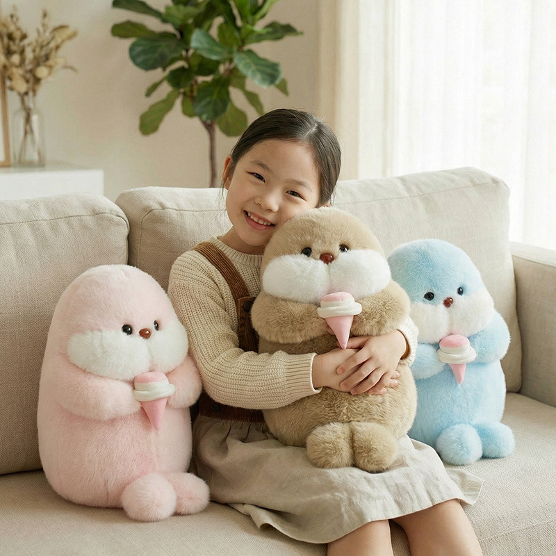 Ice cream seal plush toys in pink, brown and blue, soft cuddly stuffed animals perfect for hugging and cozy relaxation on a sofa