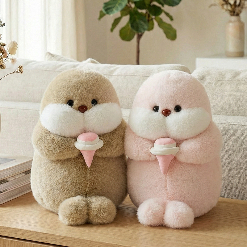 Ice cream seal plush toy in pink and brown, cute soft stuffed animals with ice cream detail, ideal for home decor and display