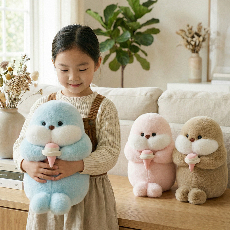 Ice cream seal plush toy in blue, soft stuffed animal with a round cuddly shape, perfect for hugging and cozy comfort