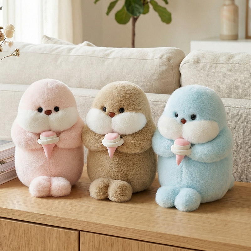 Ice cream seal plush toys in pink, brown and blue, soft cuddly stuffed animals with cute ice cream design for home decor