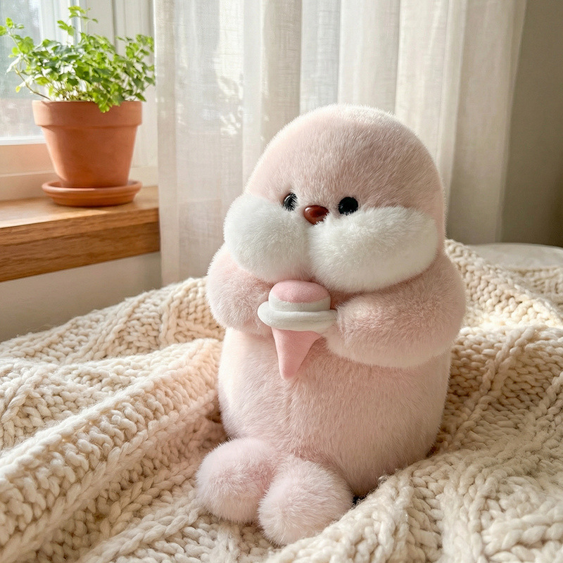 Pink ice cream seal plush toy on a cozy blanket, soft and cuddly stuffed animal for relaxing, decorating beds or sofas