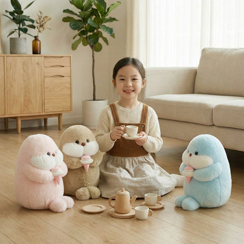 Ice cream seal plush toys in blue, pink and brown, soft stuffed animals with cute ice cream detail, perfect for cozy home decor and display