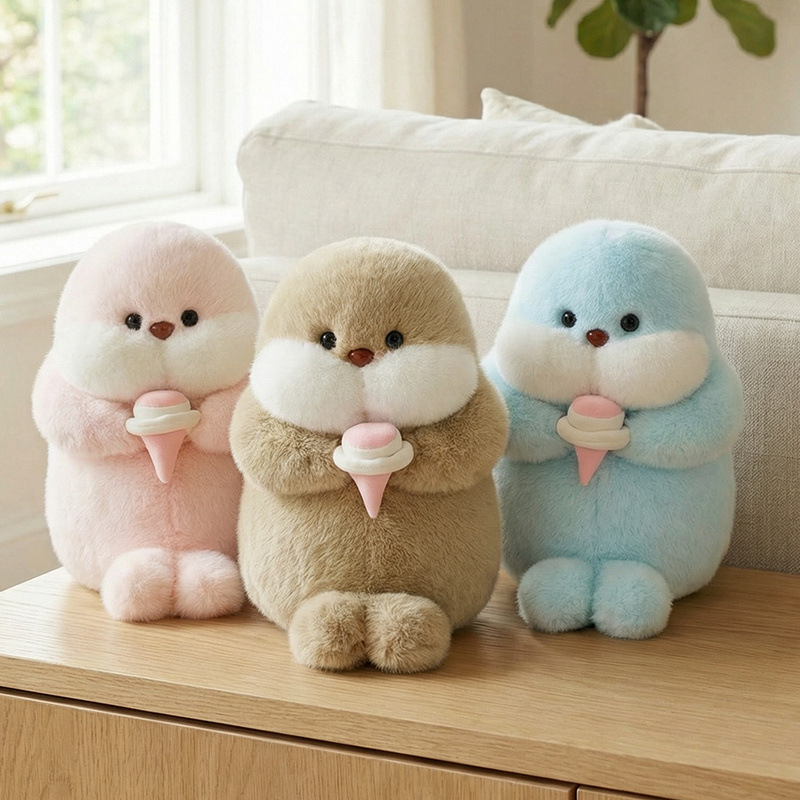 Ice cream seal plush toys on a wooden table near window light, soft and cozy stuffed animals for decorating living spaces