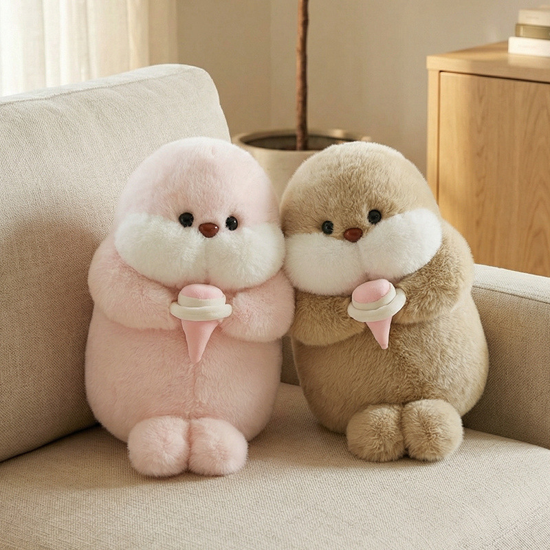 Ice cream seal plush toys in pink and brown on a sofa, soft cuddly stuffed animals for decorating living spaces and relaxing comfort