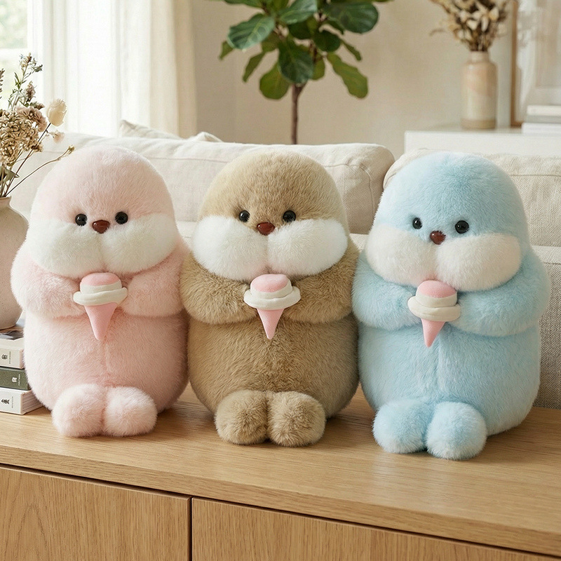 Cute ice cream seal plush toys in three colors, fluffy stuffed animals with round shape, perfect for display on shelves or tables
