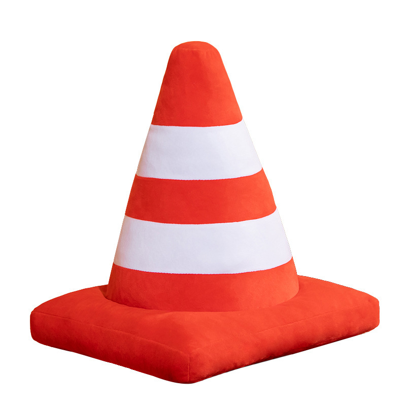 Traffic cone plush pillow cone shape with orange and white stripes, soft cushion for sofa, bed, or decorative use