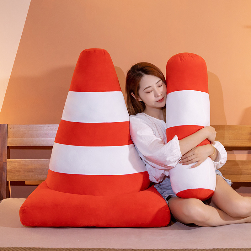 Traffic cone plush pillow and traffic bollard plush pillow in orange and white stripes, soft cushions for hugging, lounging, or decorative use in bedroom