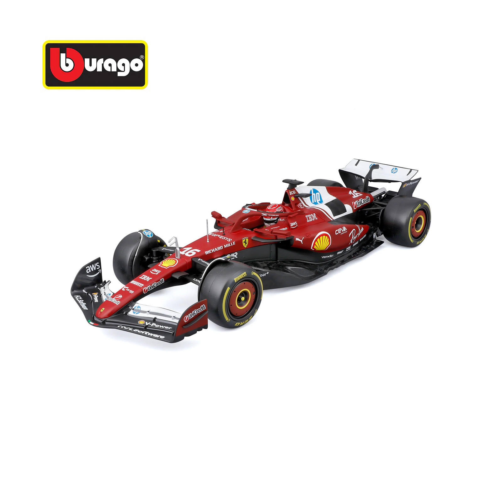Ferrari SF-25 #16 Charles Leclerc F1 2025 1:18 diecast model by Bburago front angled view on white background