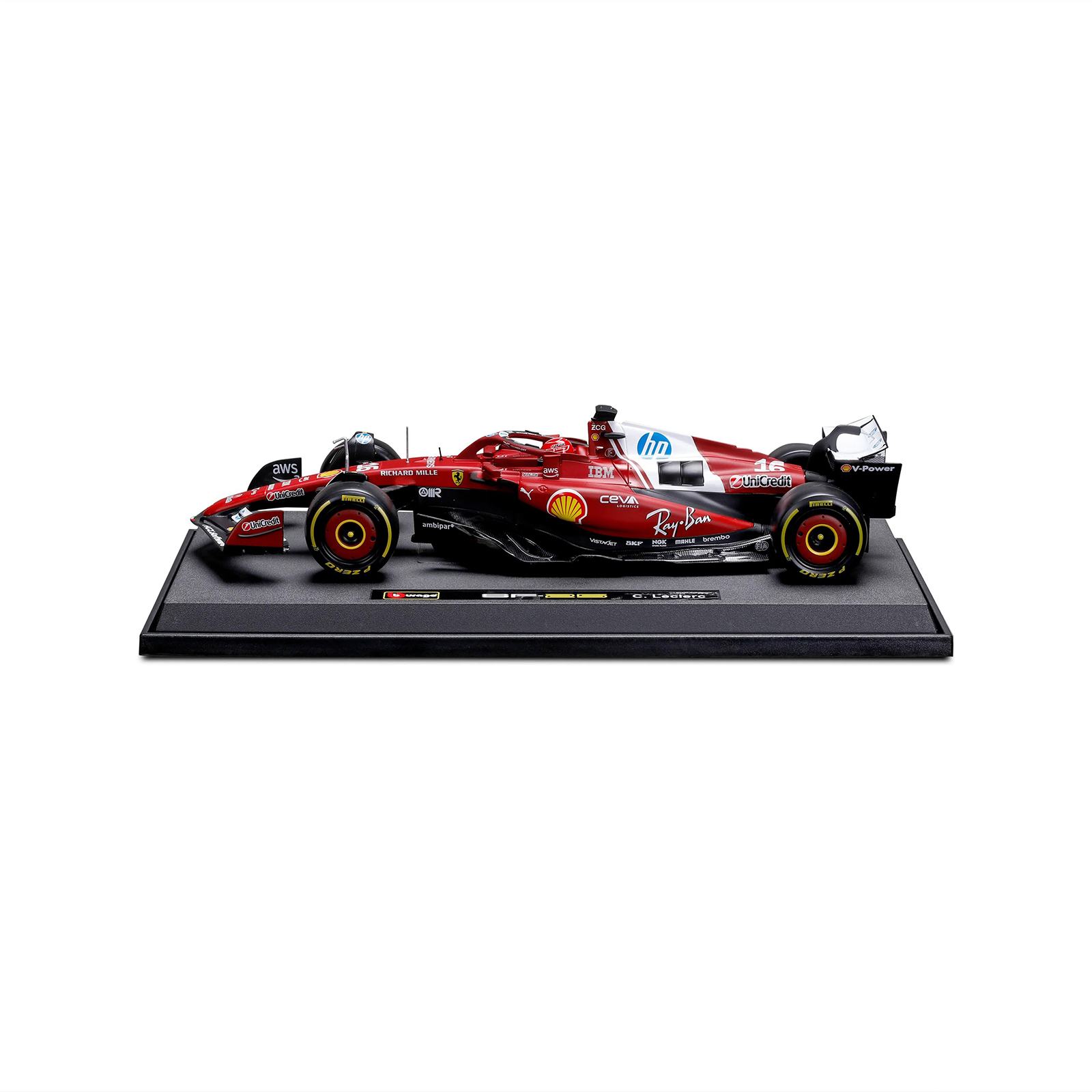 Ferrari SF-25 #16 Charles Leclerc 2025 F1 1:18 diecast model side view on display base by Bburago