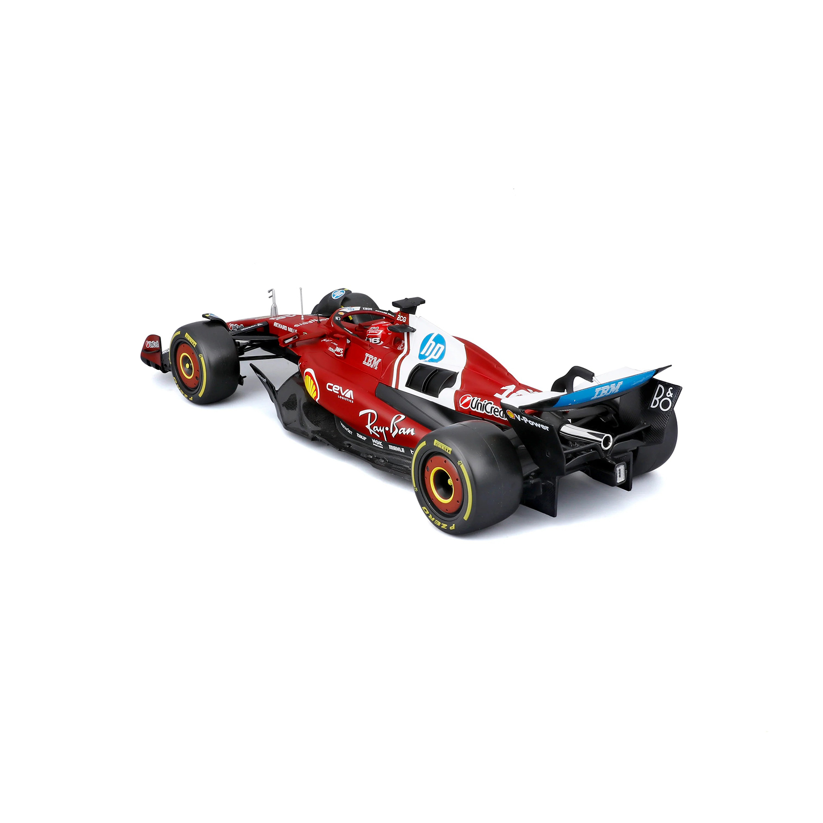 Rear angled view of Ferrari SF-25 #16 Charles Leclerc F1 2025 1:18 diecast model by Bburago