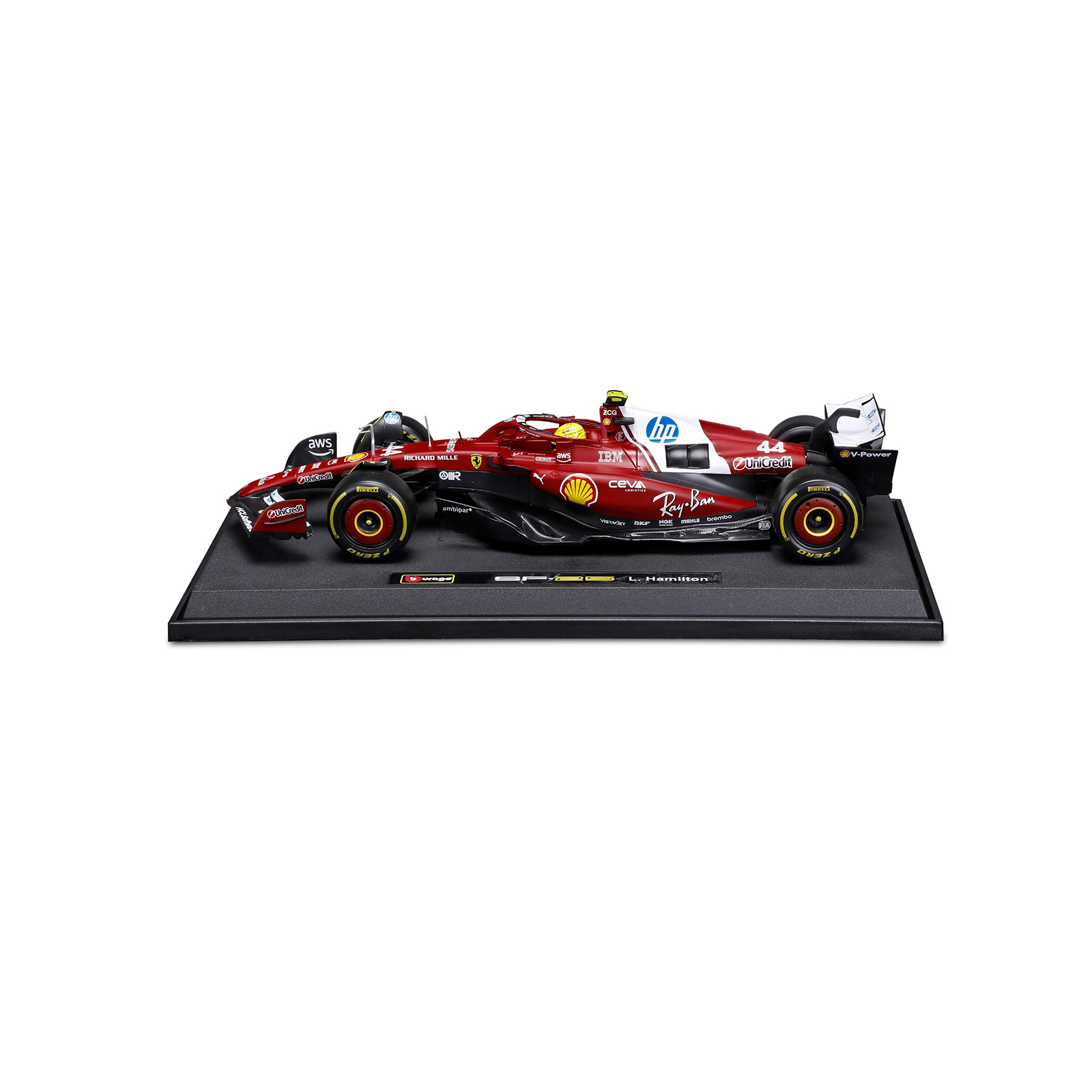 Ferrari SF-25 #44 Lewis Hamilton 2025 F1 1:18 diecast model car side view on display base with detailed finish