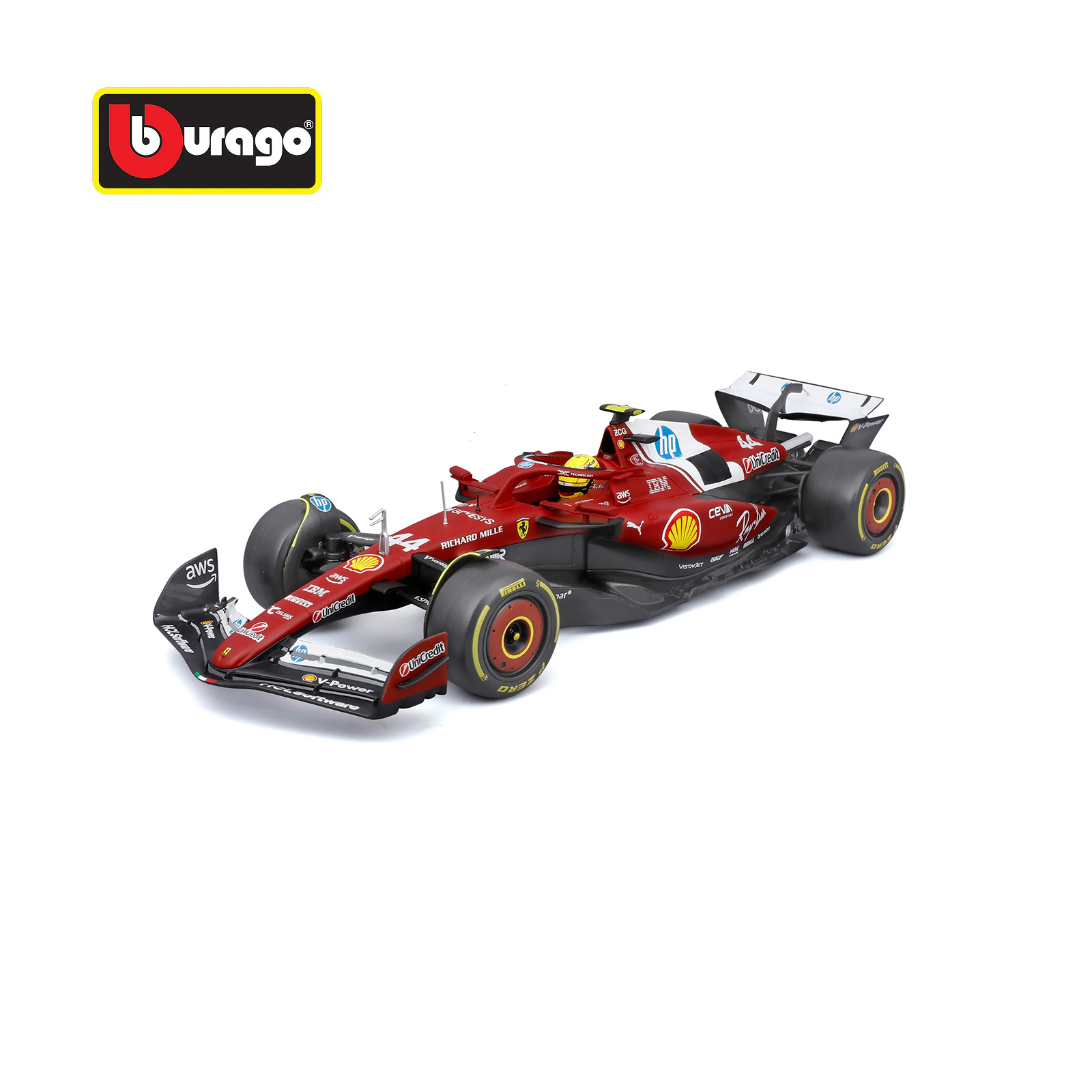 Ferrari SF-25 #44 Lewis Hamilton 2025 F1 1:18 diecast model car by Bburago, front angled view with detailed livery