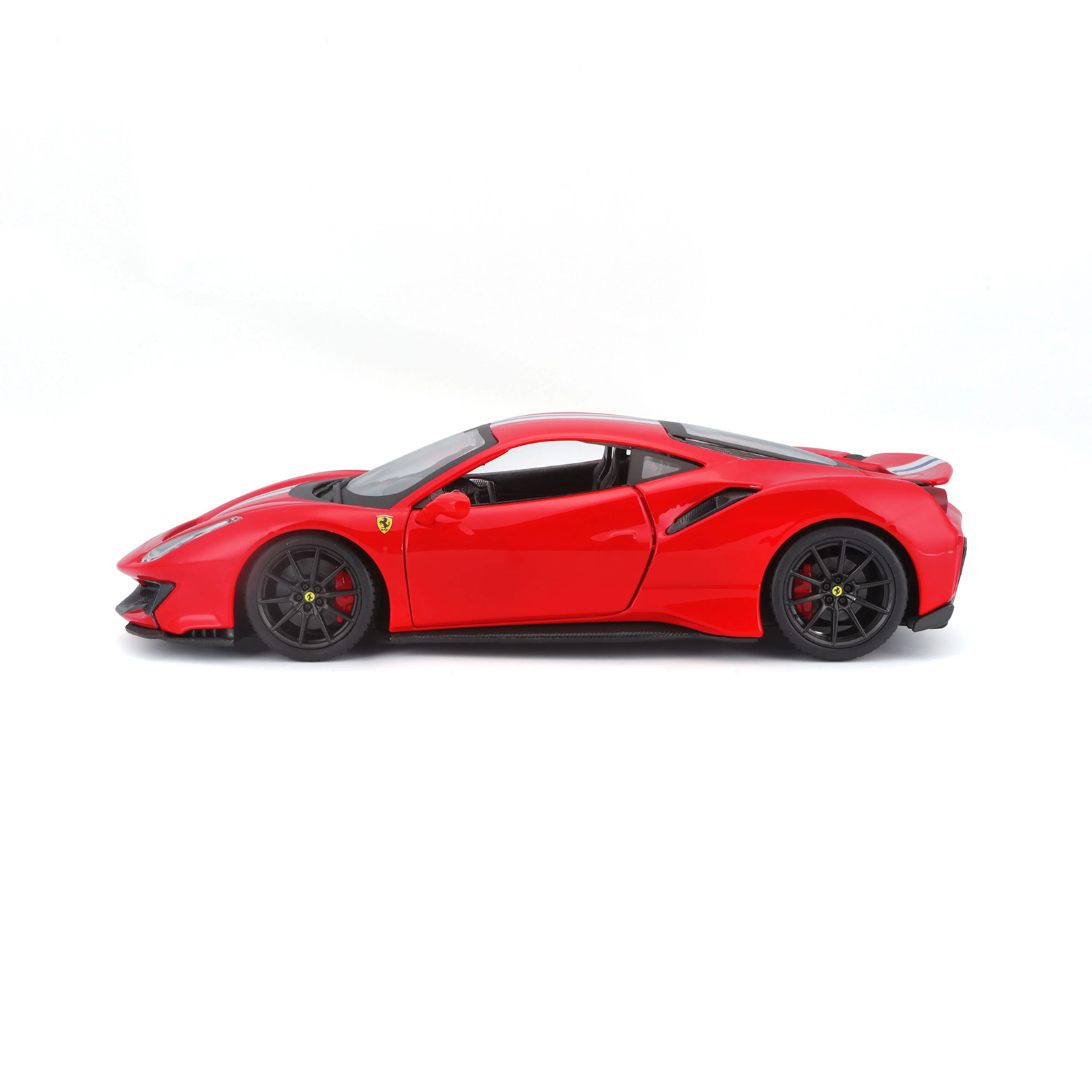 Ferrari 488 Pista R&P Red 1:24 diecast model car side profile, highlighting sleek body lines, black wheels, and realistic proportions