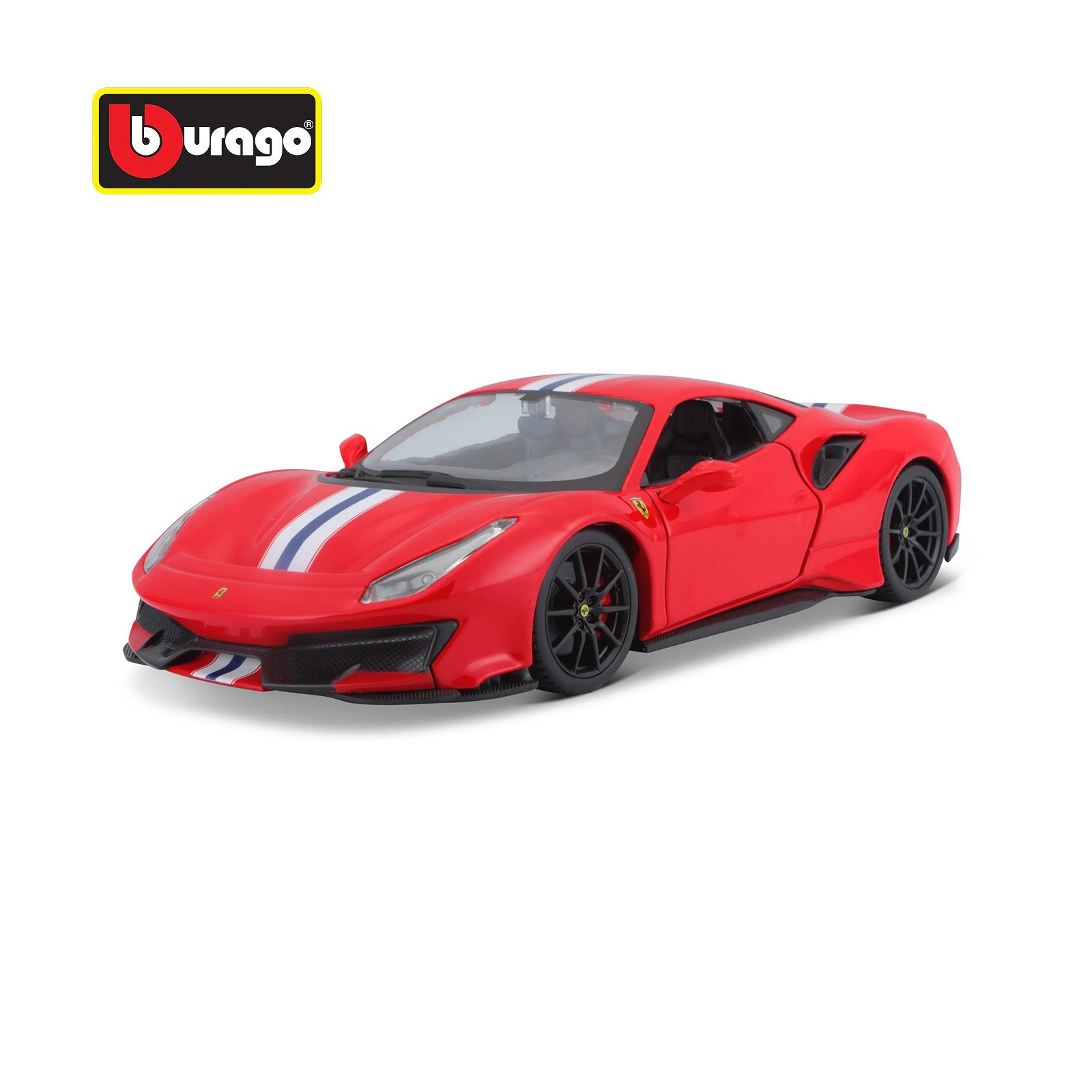 Ferrari 488 Pista R&P Red 1:24 diecast model car by Bburago, front three-quarter view showing red body with racing stripe and detailed styling