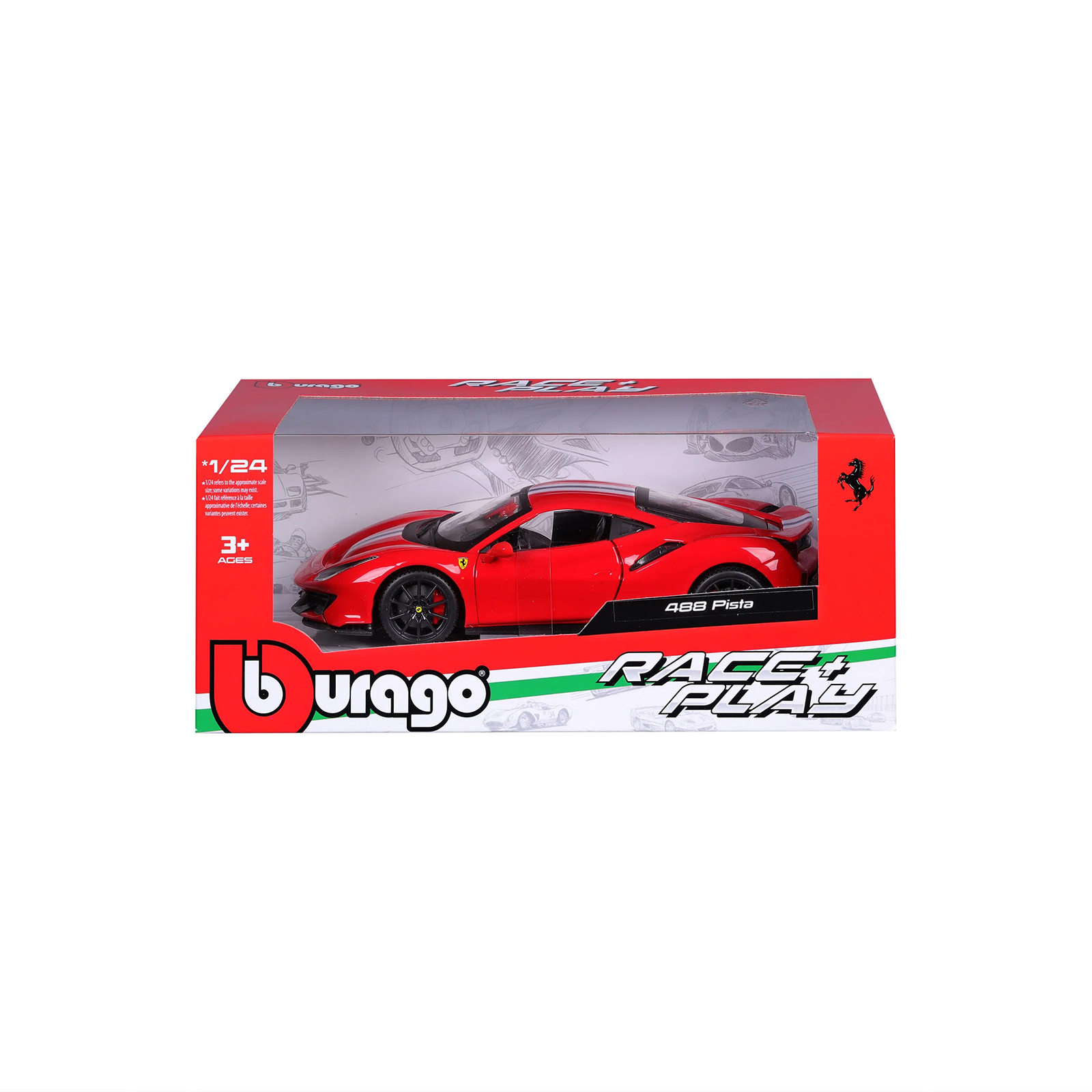 Ferrari 488 Pista R&P Red 1:24 diecast model car in Bburago retail box, Race & Play packaging with clear display window