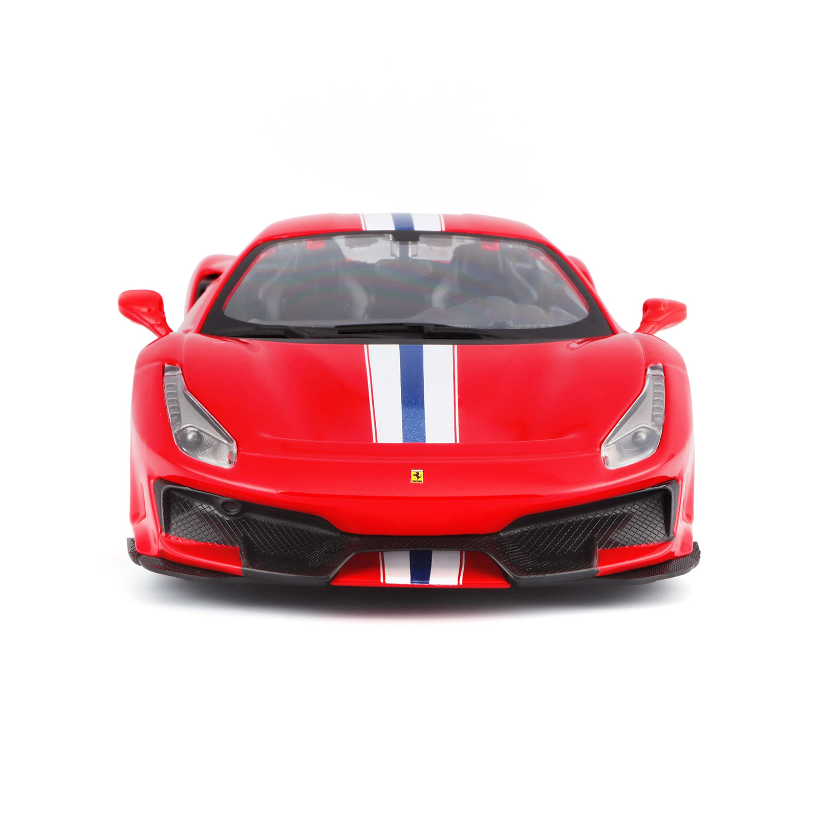 Ferrari 488 Pista R&P Red 1:24 diecast model car front view, featuring signature headlights, grille details, and central racing stripe