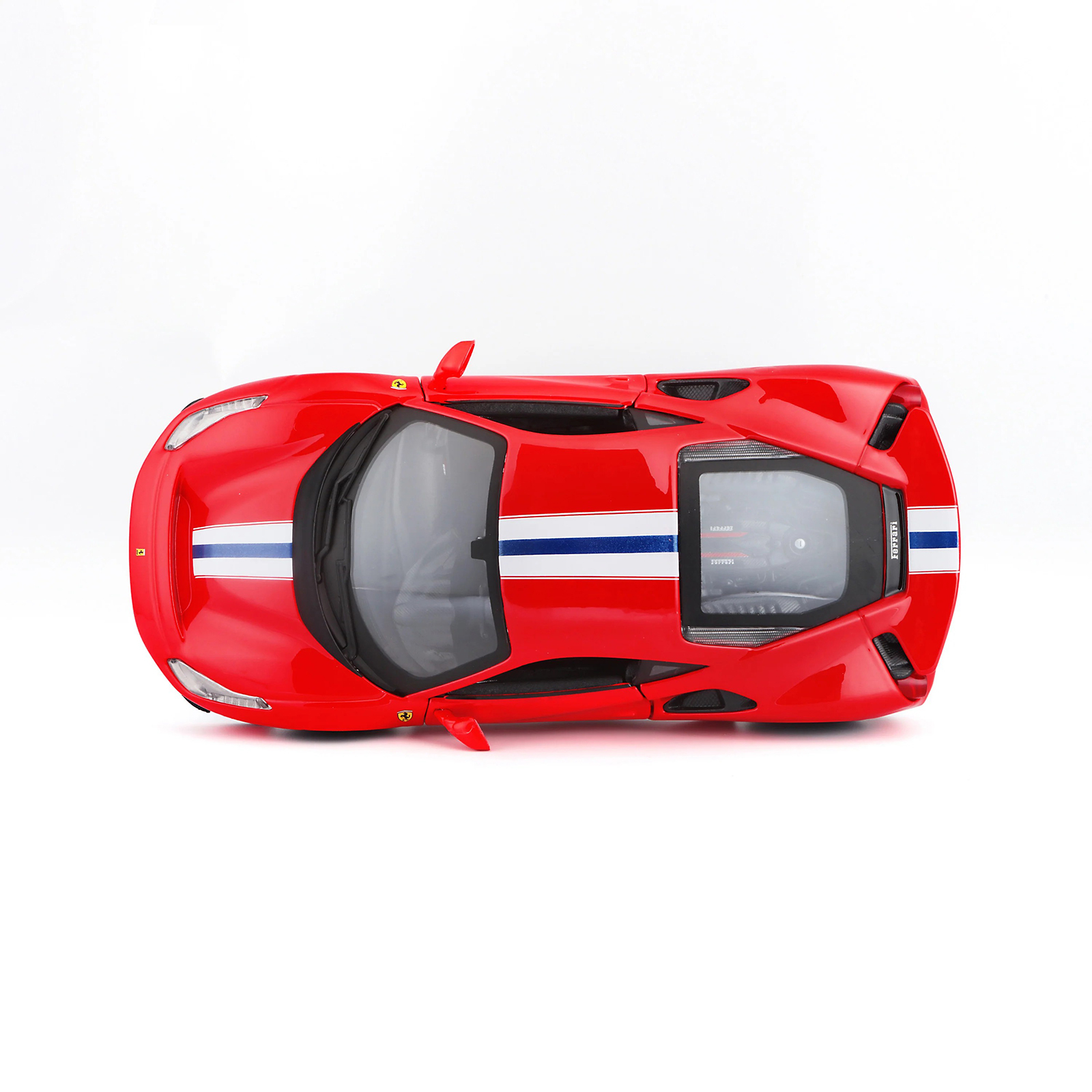 Ferrari 488 Pista R&P Red 1:24 diecast model car top view, showing racing stripe, roof details, and overall body proportions