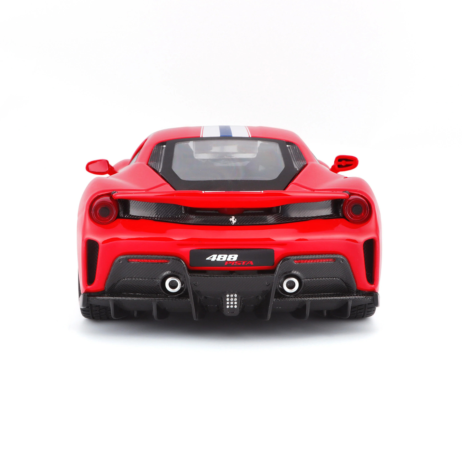 Ferrari 488 Pista R&P Red 1:24 diecast model car rear view, showing dual exhaust, diffuser details, and Ferrari badging