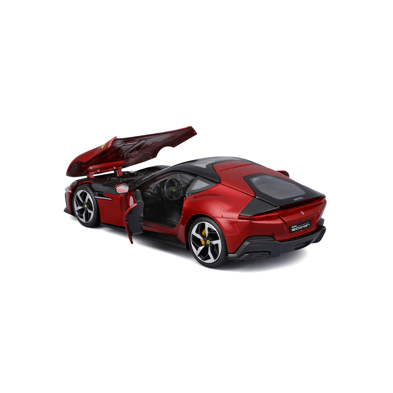 Ferrari 12 Cilindri R&P diecast model 1:24 rear angle with opening hood and door, displaying interior details and sculpted body lines