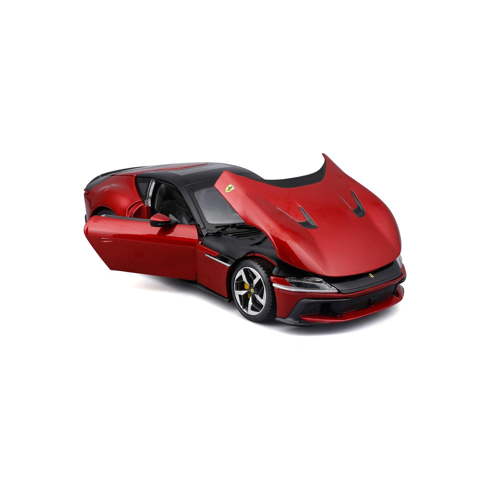 Ferrari 12 Cilindri R&P 1:24 diecast model with opening hood and door, revealing detailed interior and engine area in realistic red finish