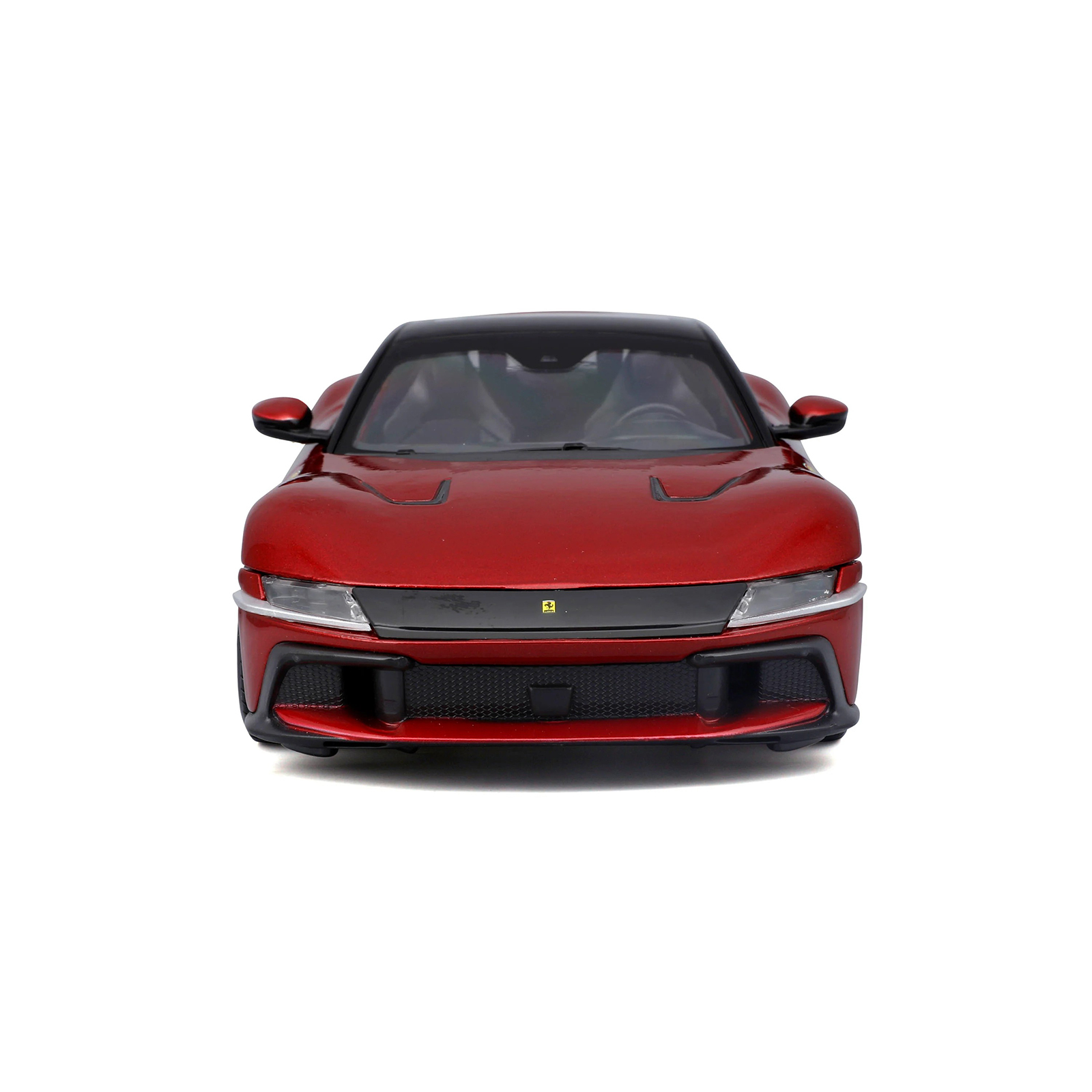 Front view of Ferrari 12 Cilindri R&P 1:24 diecast model car, highlighting grille, headlights, and sleek aerodynamic design in red