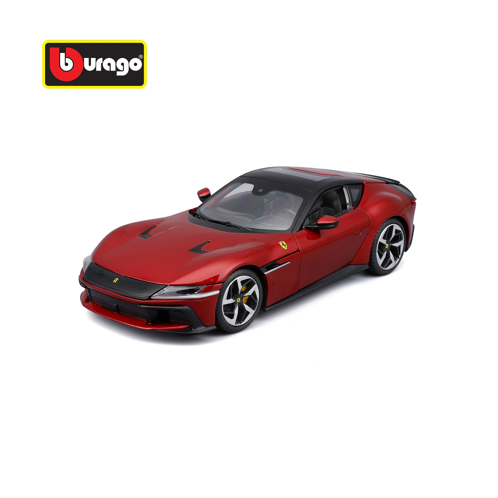 Ferrari 12 Cilindri R&P 1:24 diecast model car by Bburago in red, front three-quarter view showing detailed body lines, wheels, and realistic finish