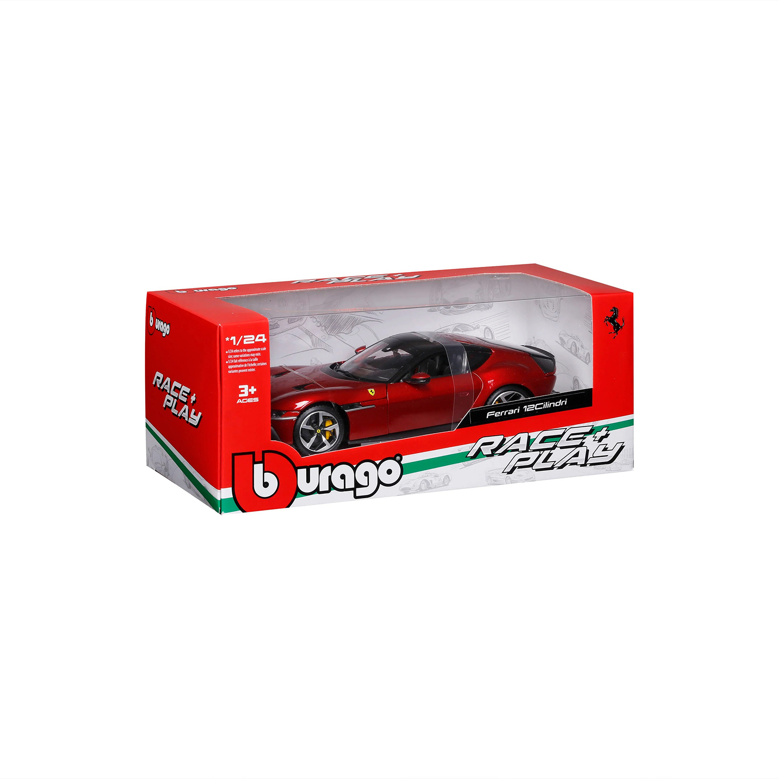 Bburago Ferrari 12 Cilindri R&P 1:24 diecast model packaging box, Race and Play series with display window and branded design