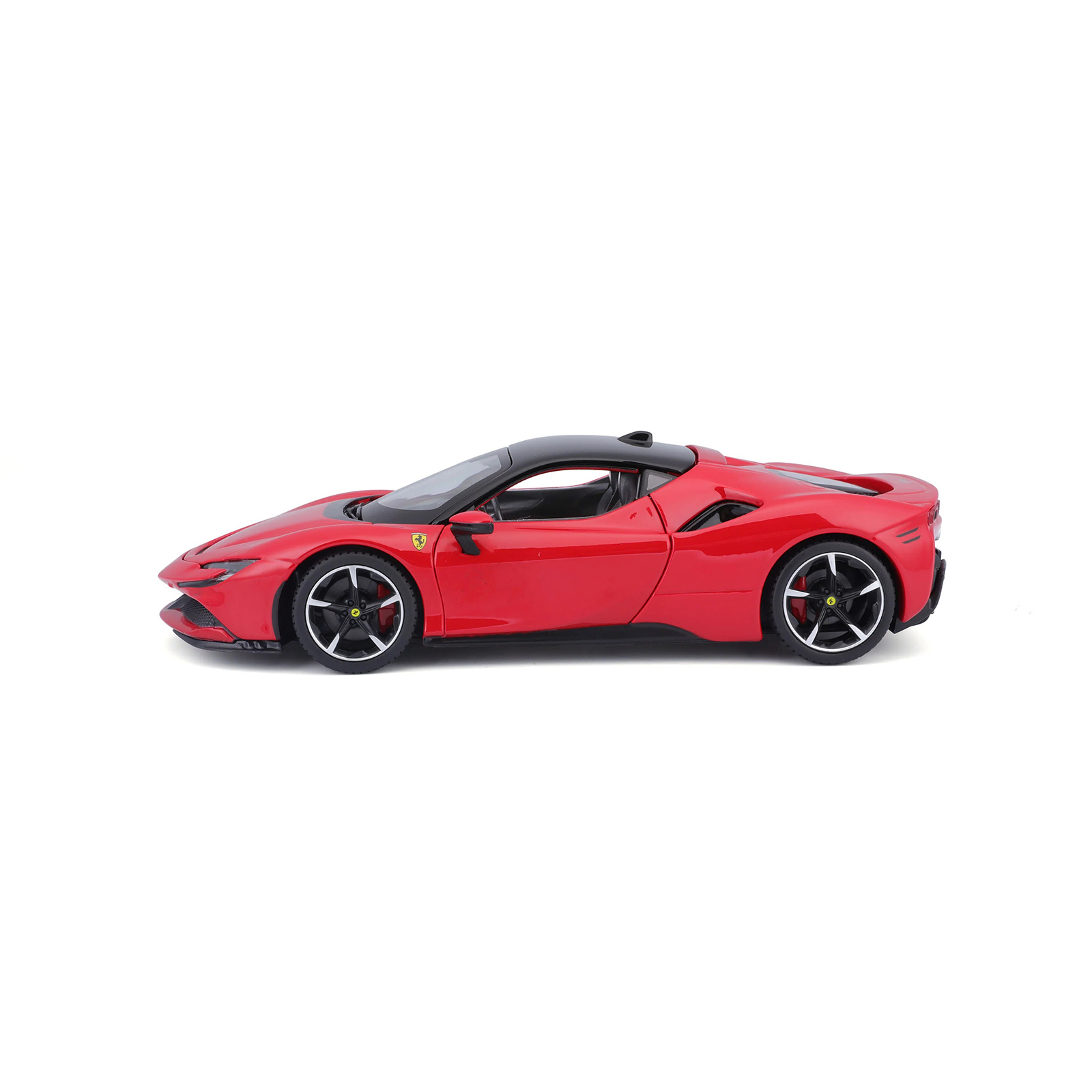 Ferrari SF90 Stradale red 1:24 diecast model car side view, showcasing aerodynamic profile, black roof, and realistic wheel design