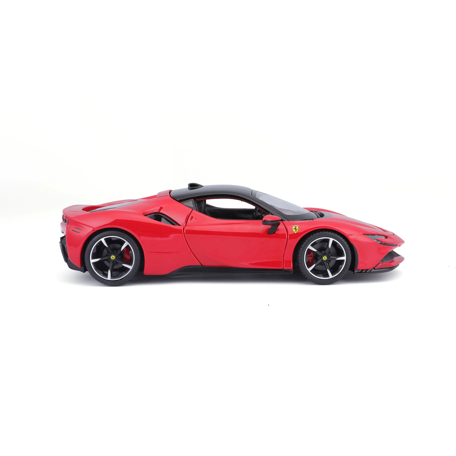 Ferrari SF90 Stradale red 1:24 diecast model car opposite side view, highlighting smooth curves, door lines, and sporty stance