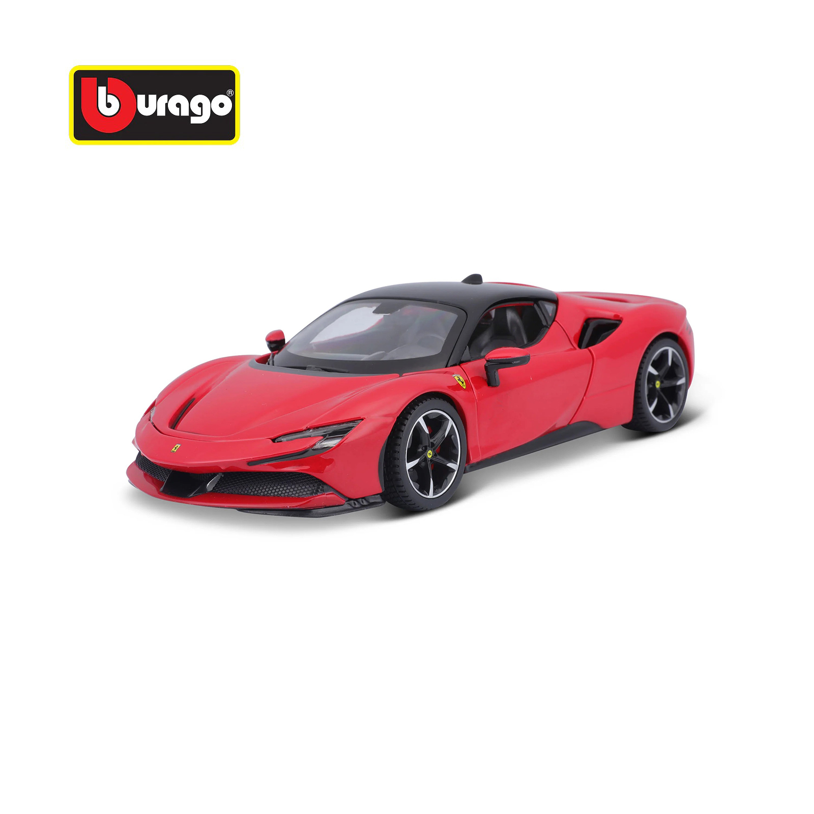 Ferrari SF90 Stradale red 1:24 diecast model car by Bburago, front three-quarter view showing sleek body lines and detailed headlights