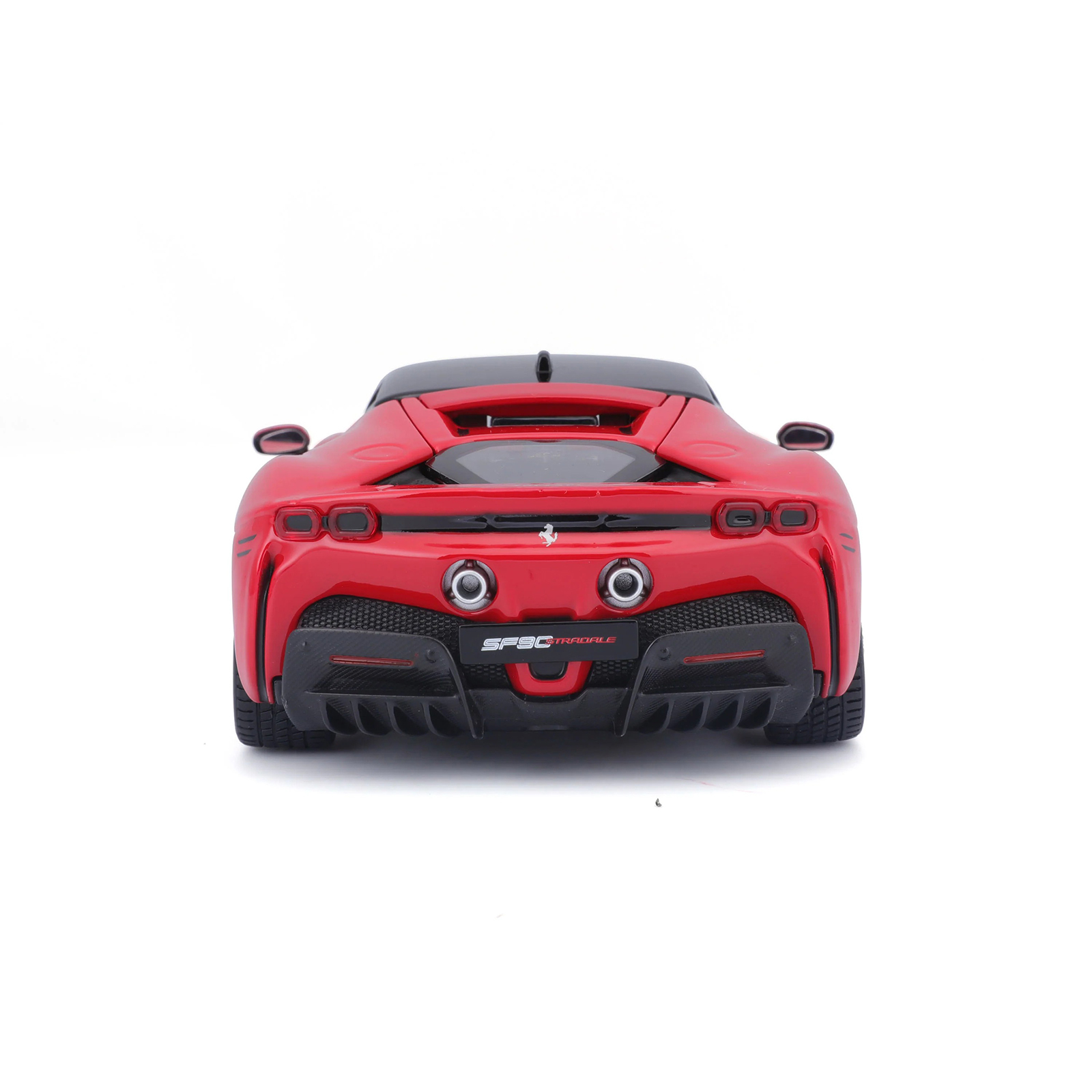Ferrari SF90 Stradale red 1:24 diecast model car rear view, showing dual exhausts, diffuser details, and signature taillights