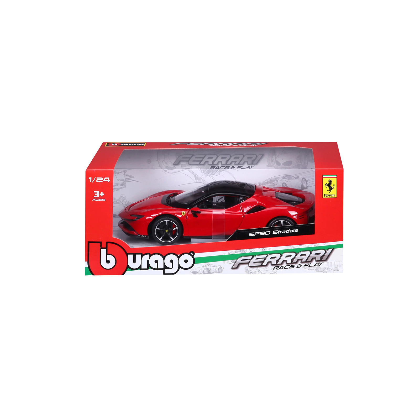 Ferrari SF90 Stradale 1:24 diecast model car by Bburago in retail box packaging, ideal for display, collection, or gifting