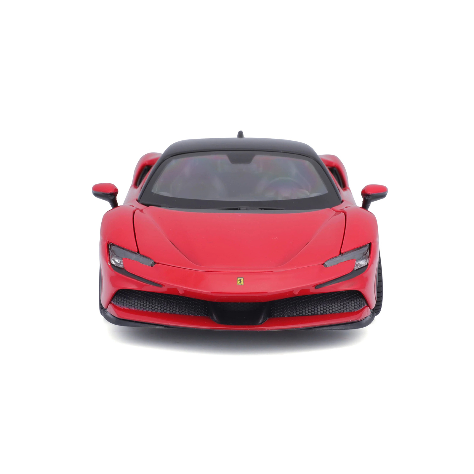 Ferrari SF90 Stradale red 1:24 diecast model car front view, featuring aggressive grille, sharp headlights, and iconic Ferrari badge