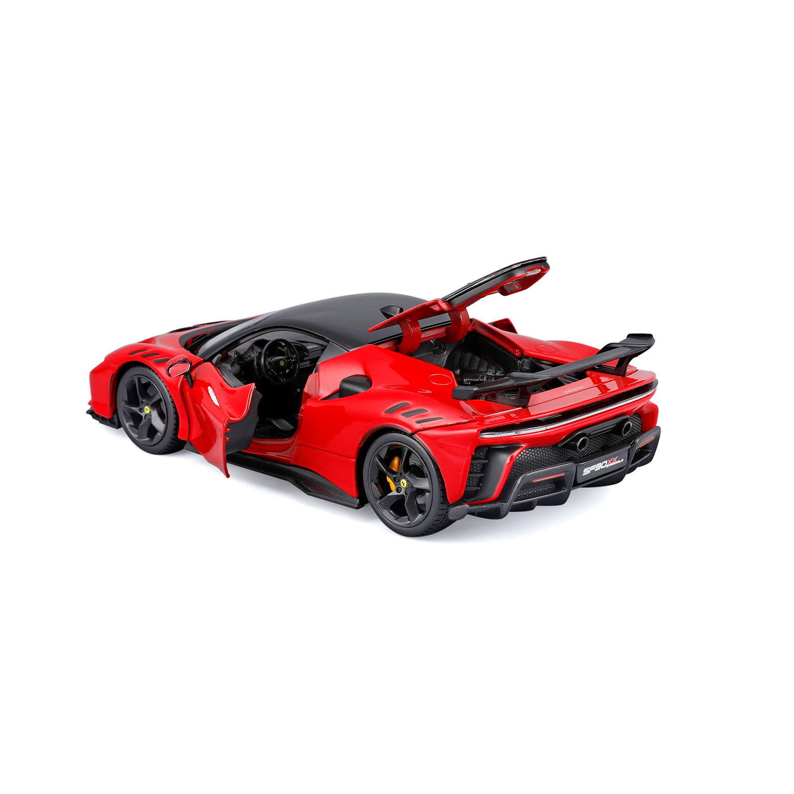 Ferrari SF90 XX Stradale 1:24 diecast model car with opening doors, showing detailed interior, seats, dashboard, and rear design