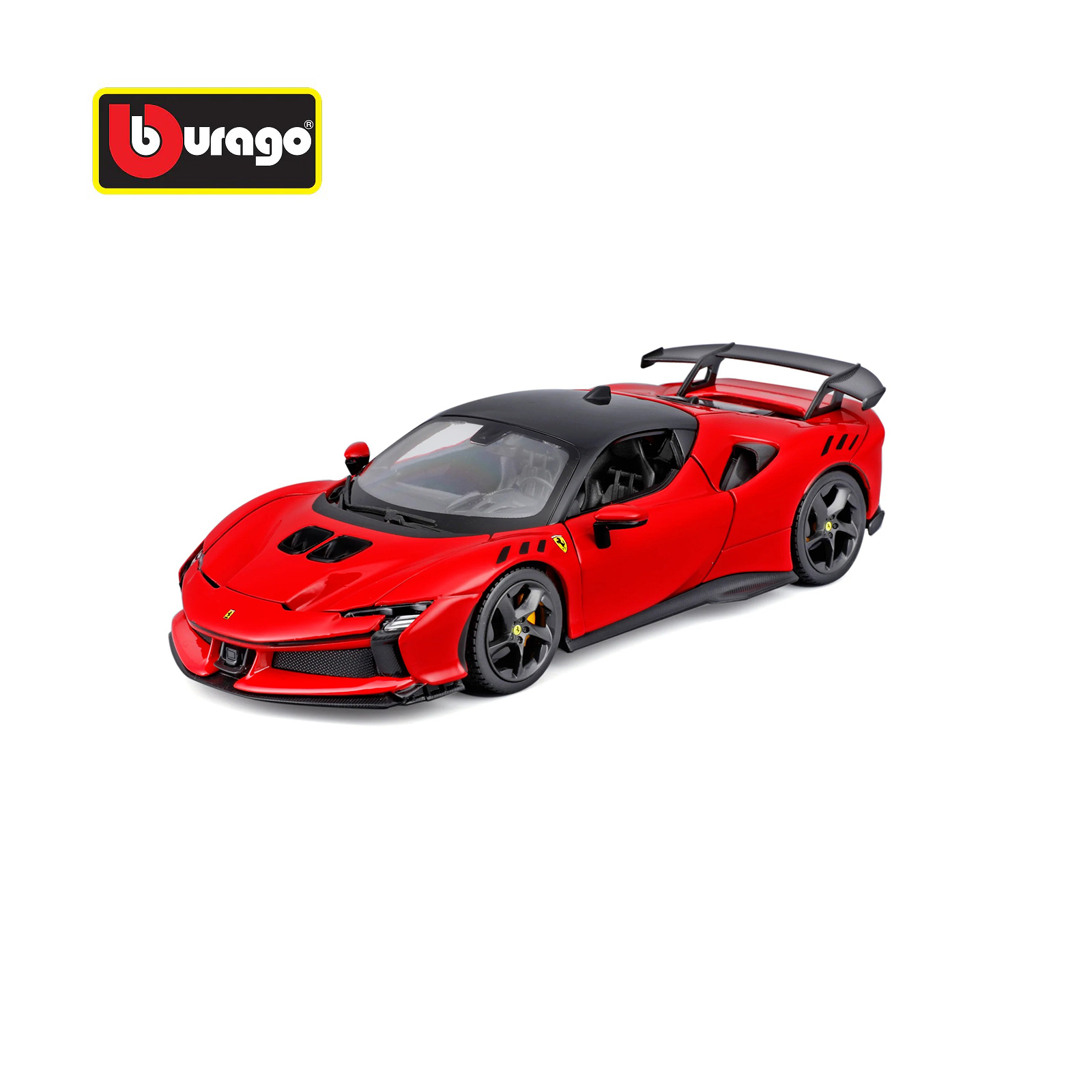 Ferrari SF90 XX Stradale 1:24 diecast model car by Bburago in red, front three-quarter view showing aerodynamic design and rear wing
