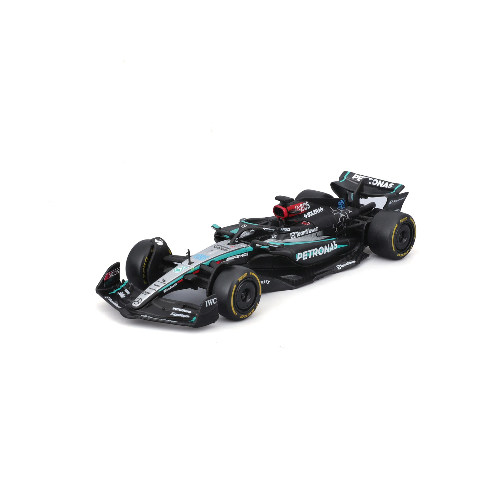 Bburago Mercedes W15 #63 Formula 1 car 1:43 diecast model, Petronas team livery, detailed race car replica for collectors