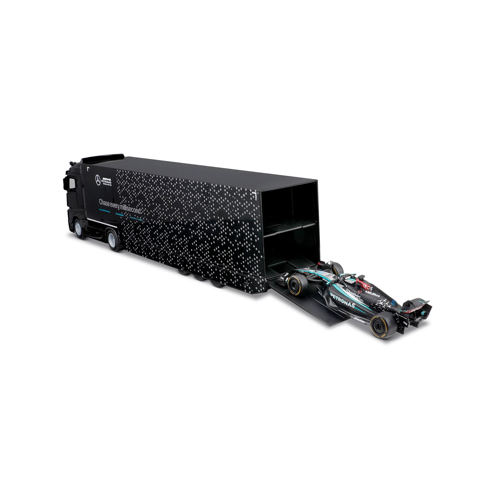 Bburago Mercedes-AMG semi truck with opening trailer loading Mercedes W15 #63 F1 car 1:43 diecast model set display