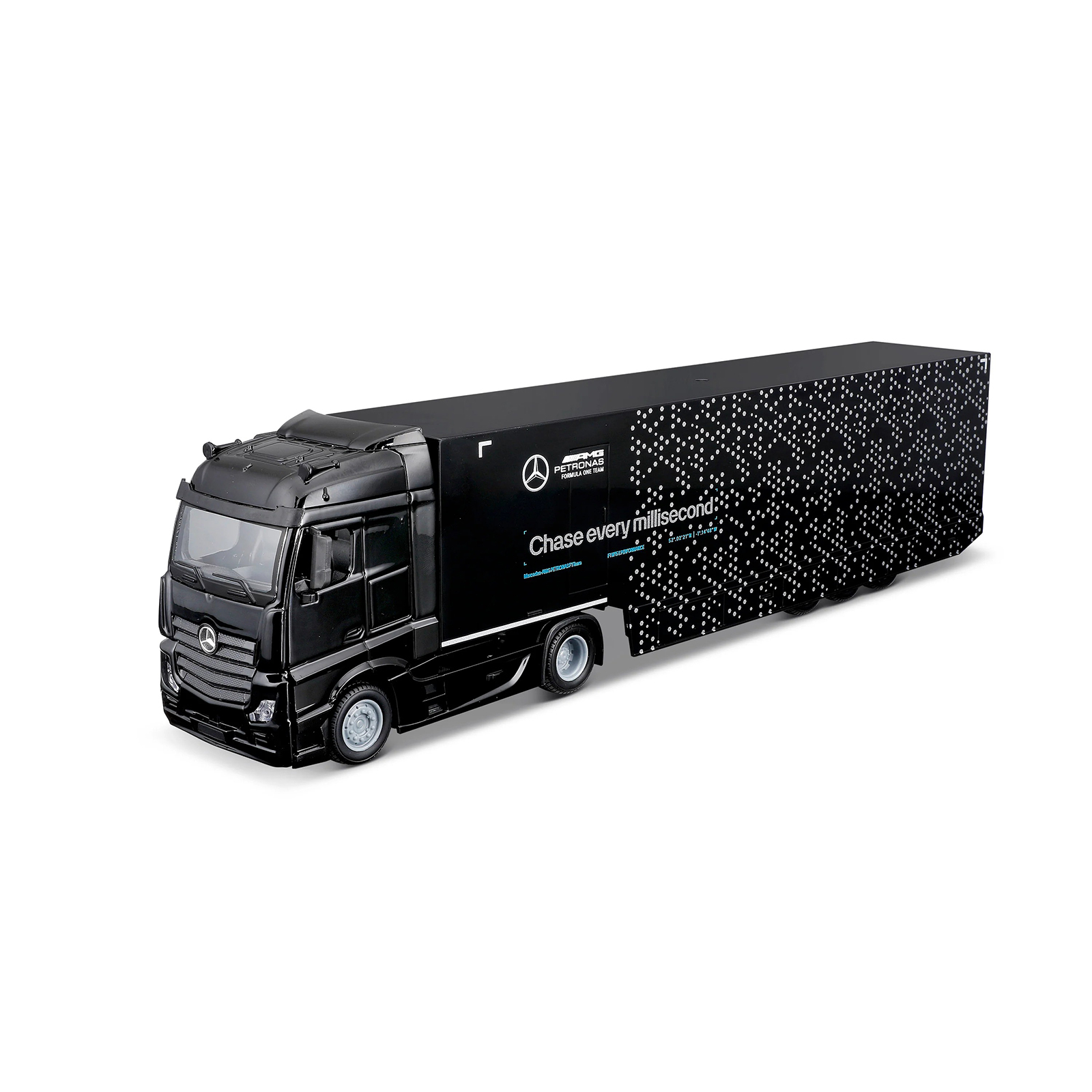 Bburago Mercedes-AMG semi truck 1:43 diecast model, Petronas Formula One Team livery trailer with detailed exterior design