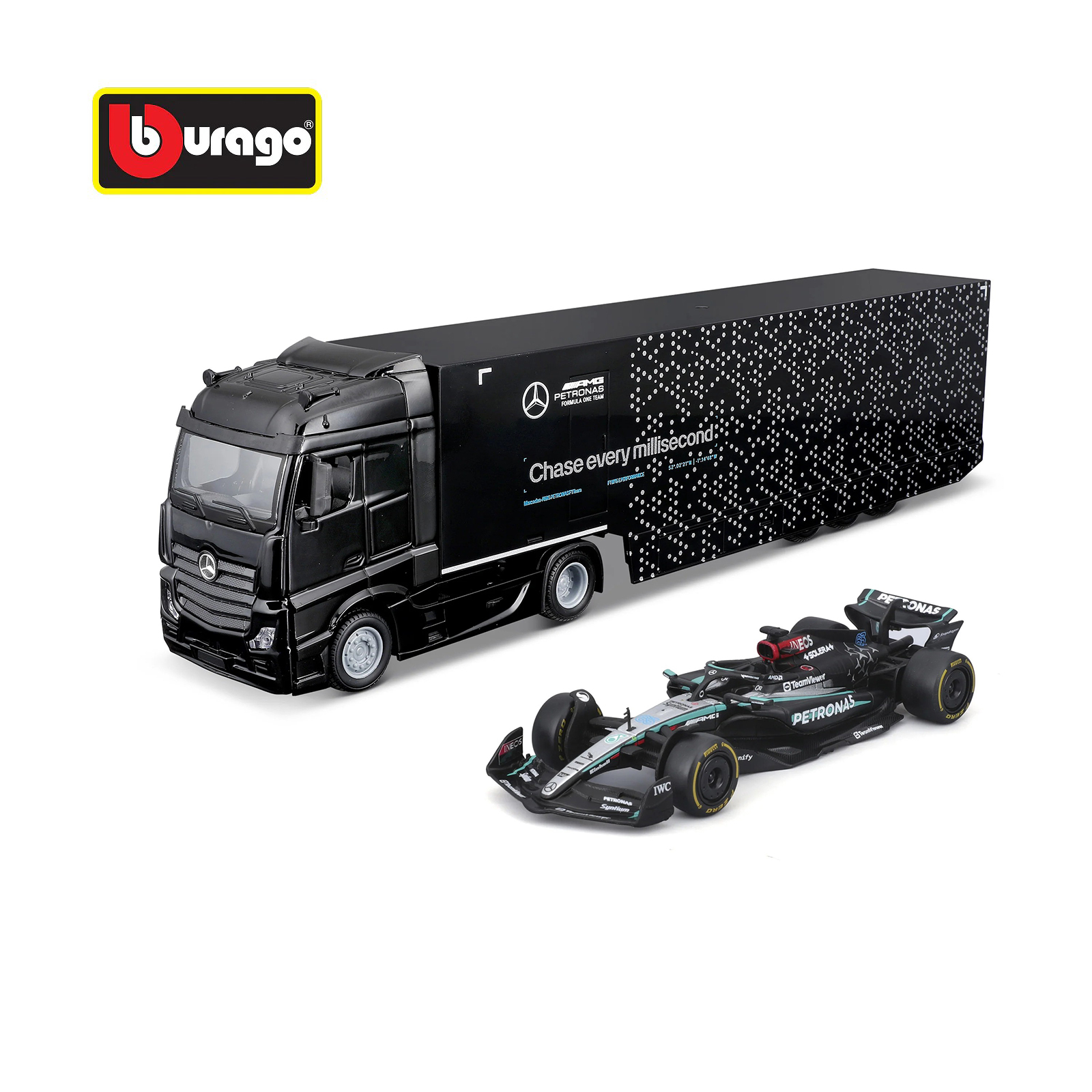 Bburago Mercedes-AMG semi truck with W15 #63 F1 car 1:43 diecast model set, Petronas livery, detailed collector display