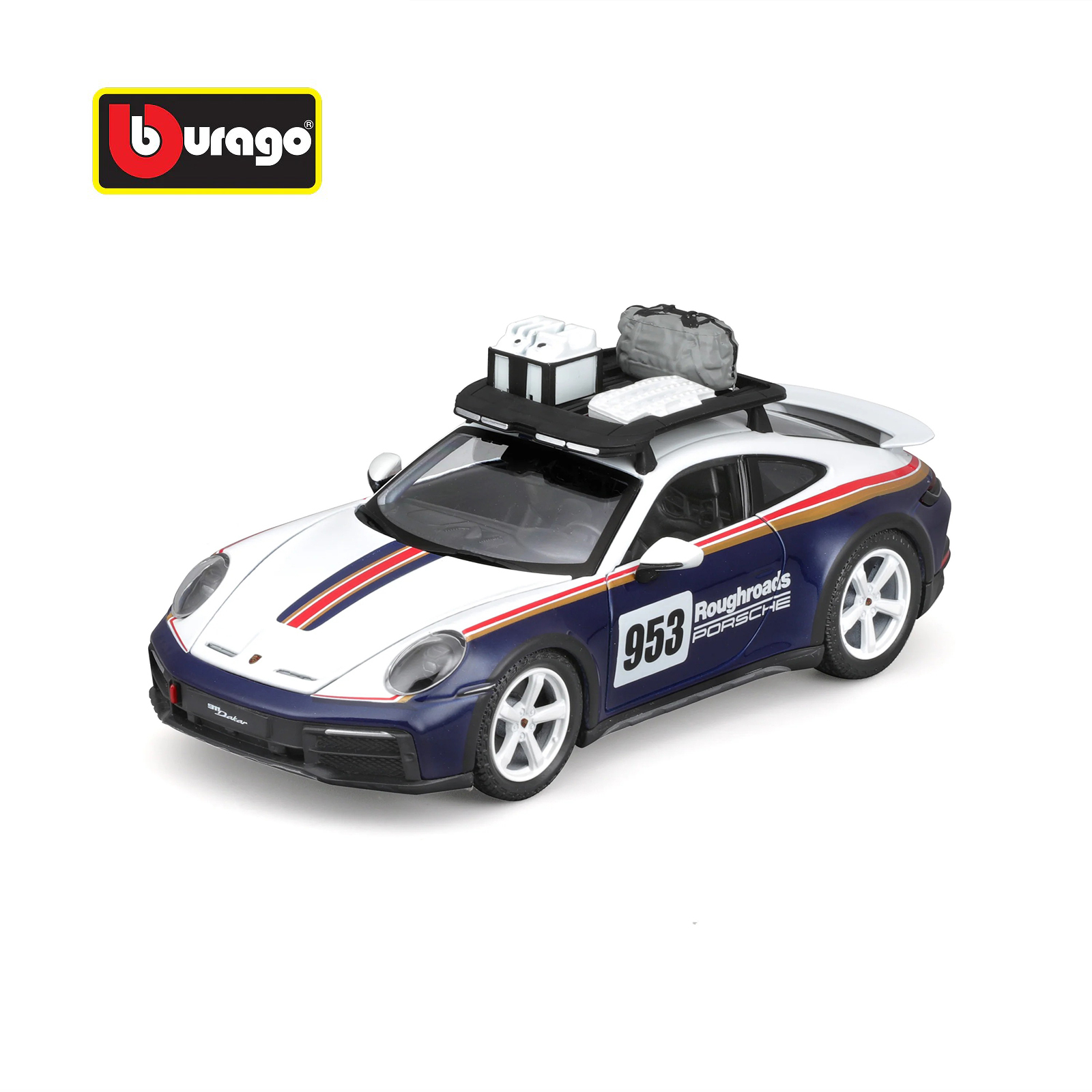 Porsche 911 Dakar 1:24 diecast model car by Bburago in #953 rally livery, front three-quarter view with roof rack and off-road styling details
