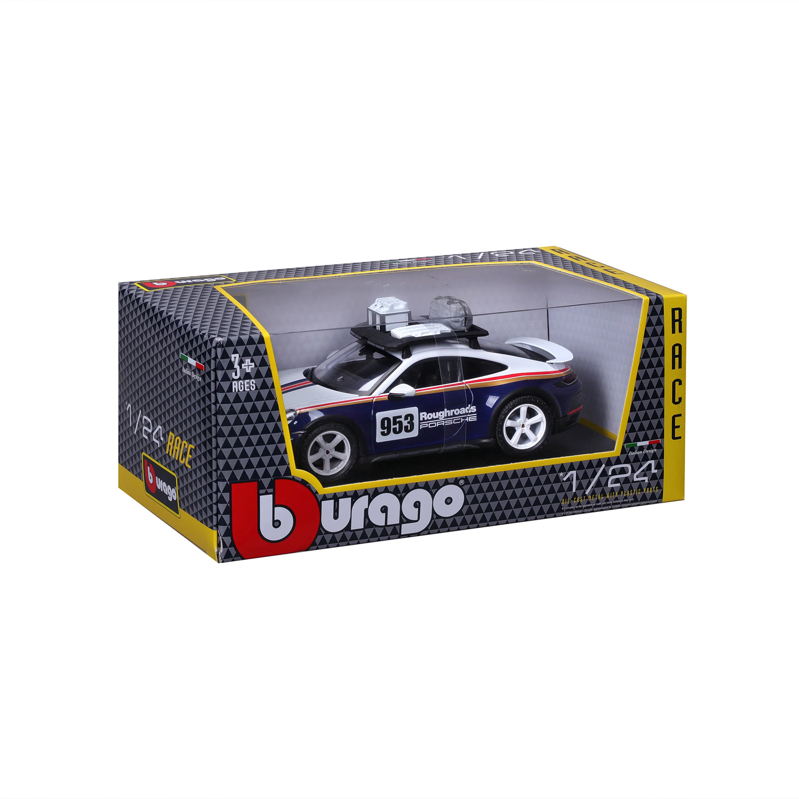 Bburago Porsche 911 Dakar 1:24 diecast model in original packaging box, featuring display window and official branded design