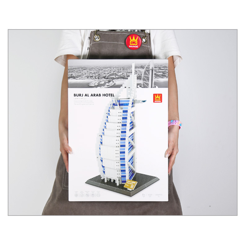 Burj Al Arab building blocks model kit in large format box, architecture construction set for display collection and gift