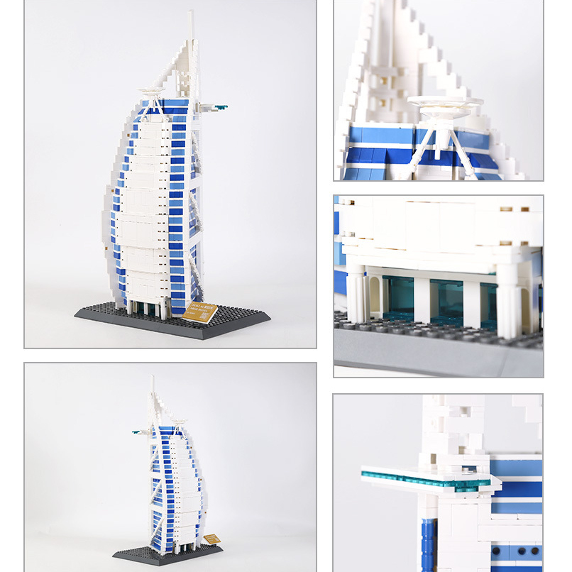 Burj Al Arab building blocks model close up details showing structure, windows and platform, precision architecture design set