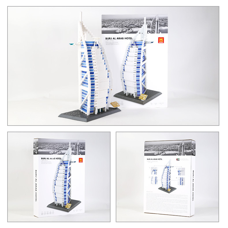 Burj Al Arab Hotel building blocks model with box and multiple views, detailed architecture set for display and collection