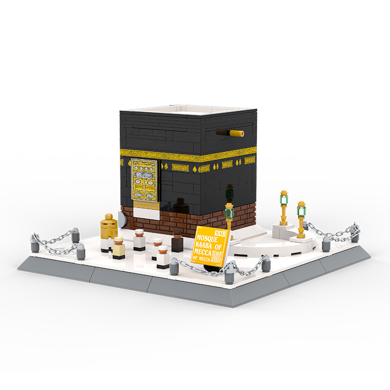 WANGE Kaaba building blocks model showing clean architectural design, gold door details, and miniature courtyard elements for display