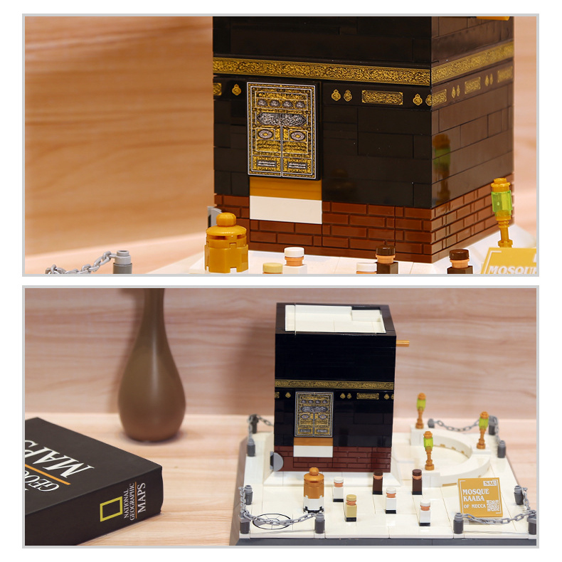 Kaaba Mecca building blocks model displayed on tabletop with decorative setting, ideal for home decor and architecture collection