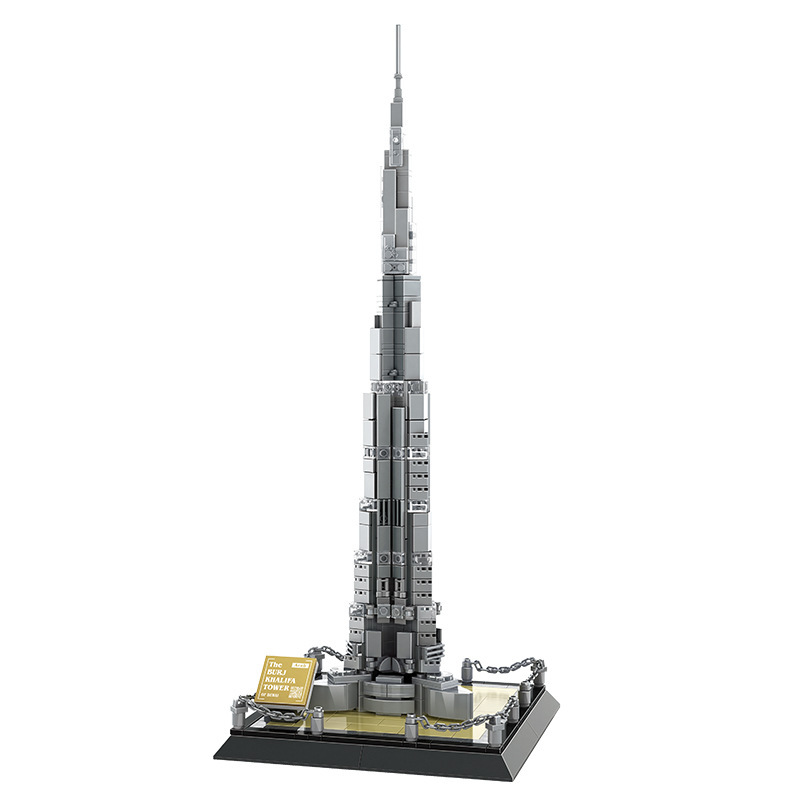 Burj Khalifa Dubai building blocks model with 555 pieces, showcasing a tall, tiered skyscraper design with fine architectural details and a compact display base