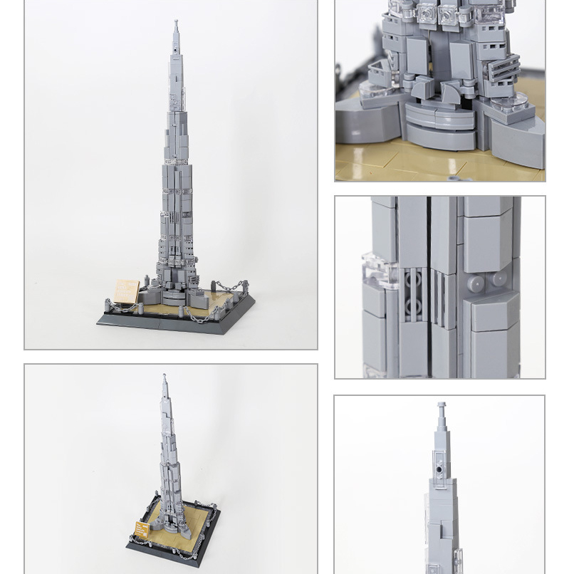 Burj Khalifa building blocks model showcasing full structure with detailed base and tiered design, highlighting architectural form and building features