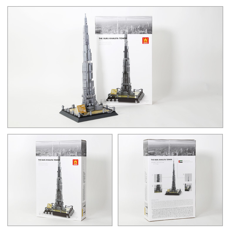 WANGE Burj Khalifa Tower building blocks packaging showing front and back box design, including product images, building steps, and detailed information layout